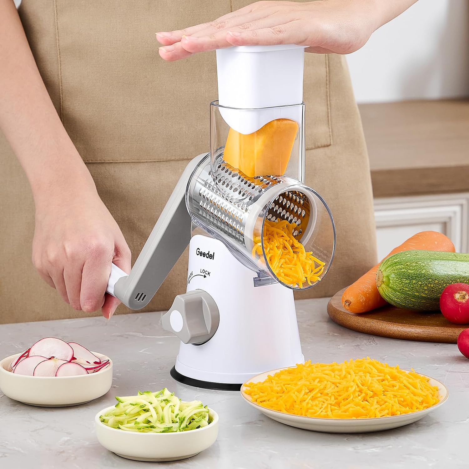 Geedel Rotary Cheese Grater, Kitchen Mandoline Vegetable Slicer with 3 Interchangeable Blades, Easy to Clean Rotary Grater Slicer for Fruit, Vegetables, Nuts